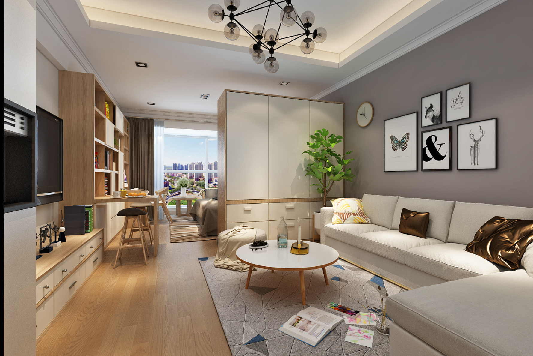 极简公寓 - 现代风格一室一厅一卫装修效果图 - ***8设计效果图 - 每平每屋·设计家