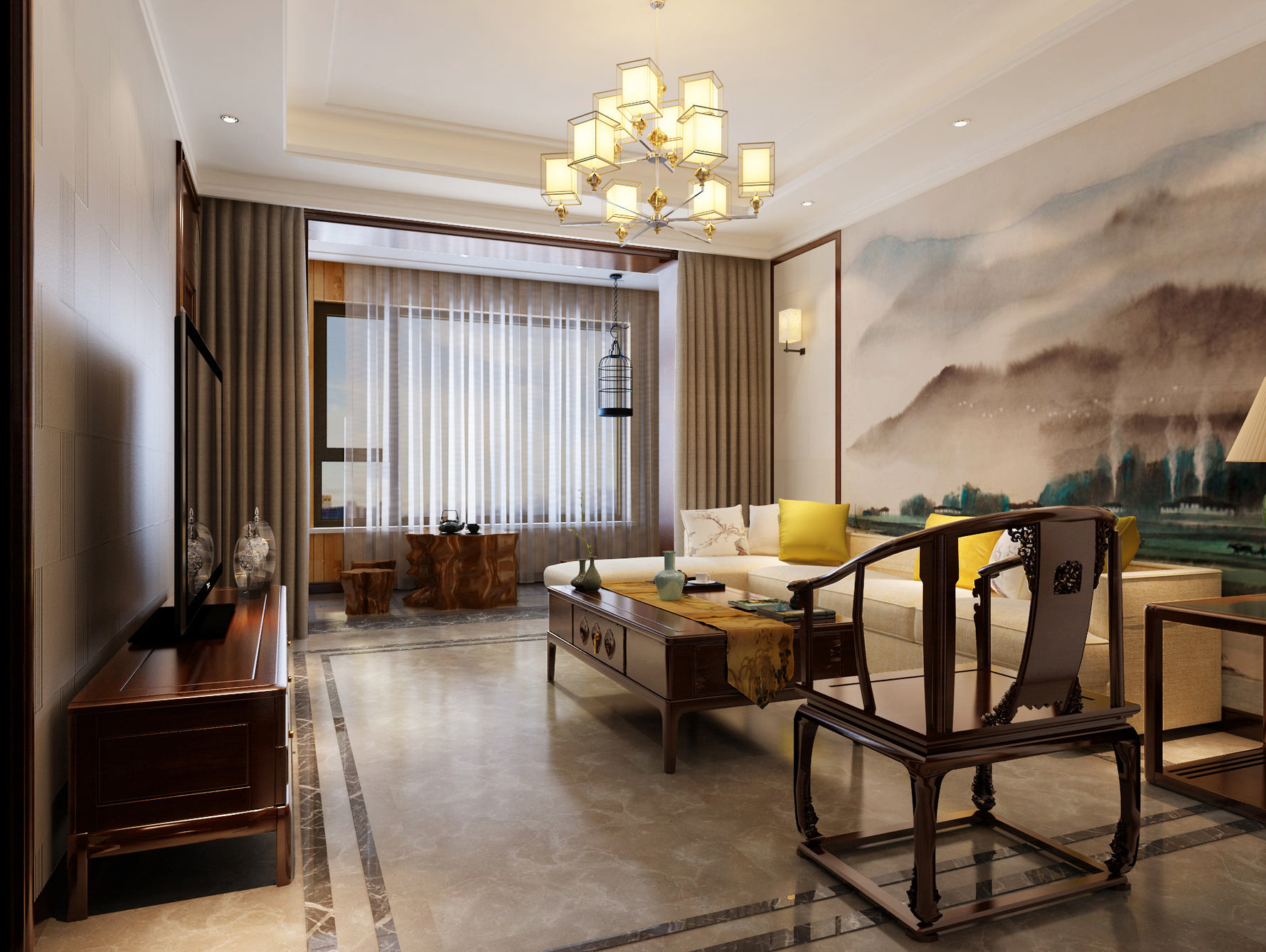 悟隐大宅生活 - 中式风格三室一厅二卫装修效果图 - ***楠设计效果图